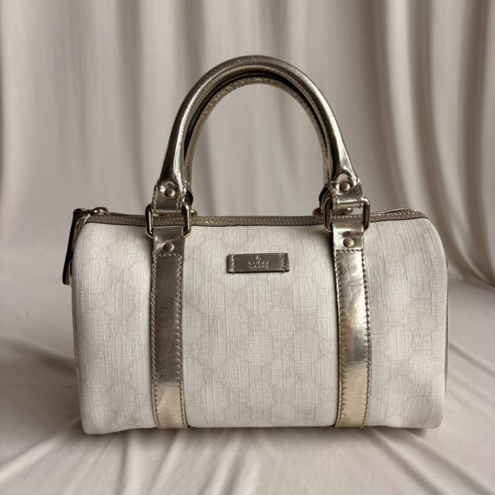 Gucci Small Joy Boston Bag - GG Supreme Canvas, White/Gold, Metallic Silver Trim